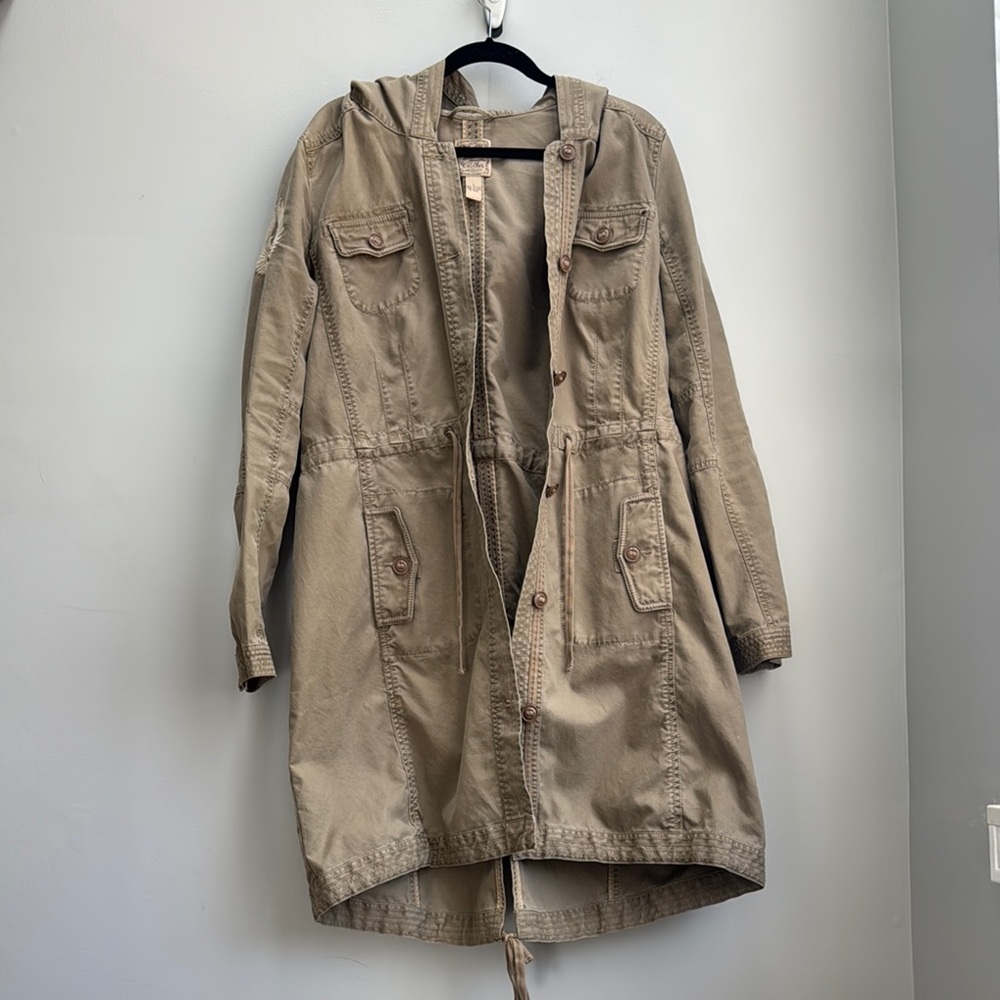 Luck Brand khaki military style utility jacket knee length with hood size L